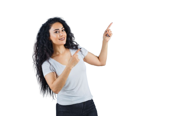women pointing finger to the right